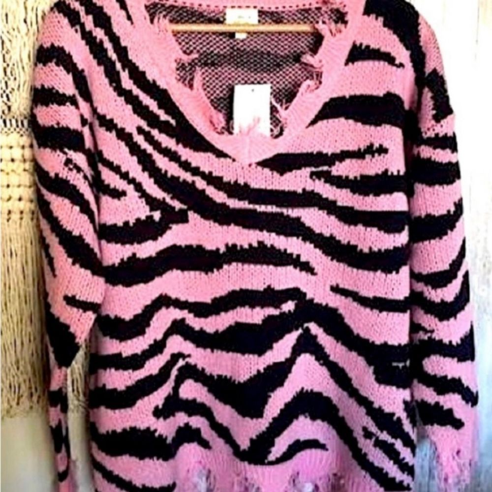 Pink Zebra Distressed Sweater